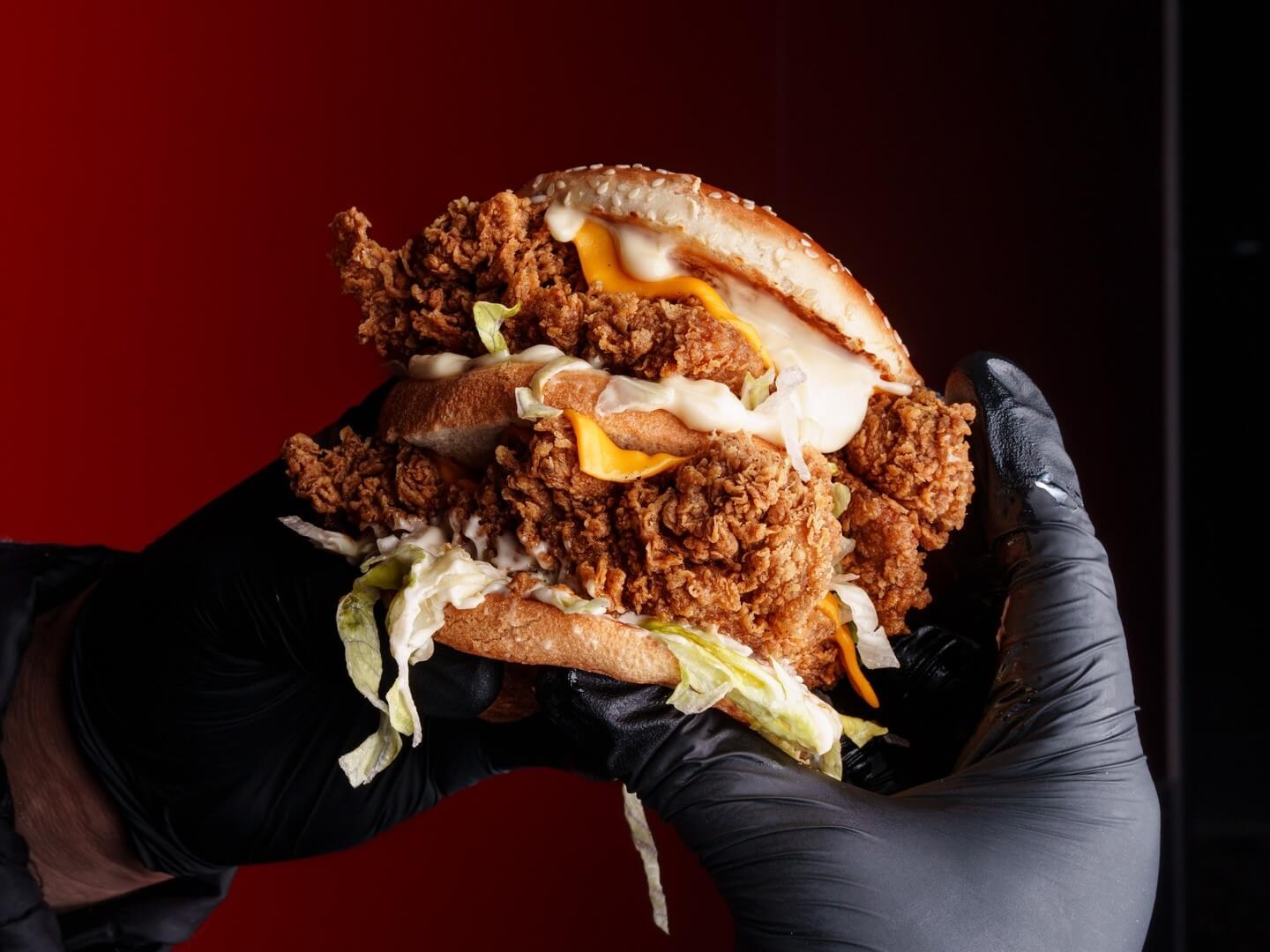 Fried Brothers fried chicken burger with sauce and slaw