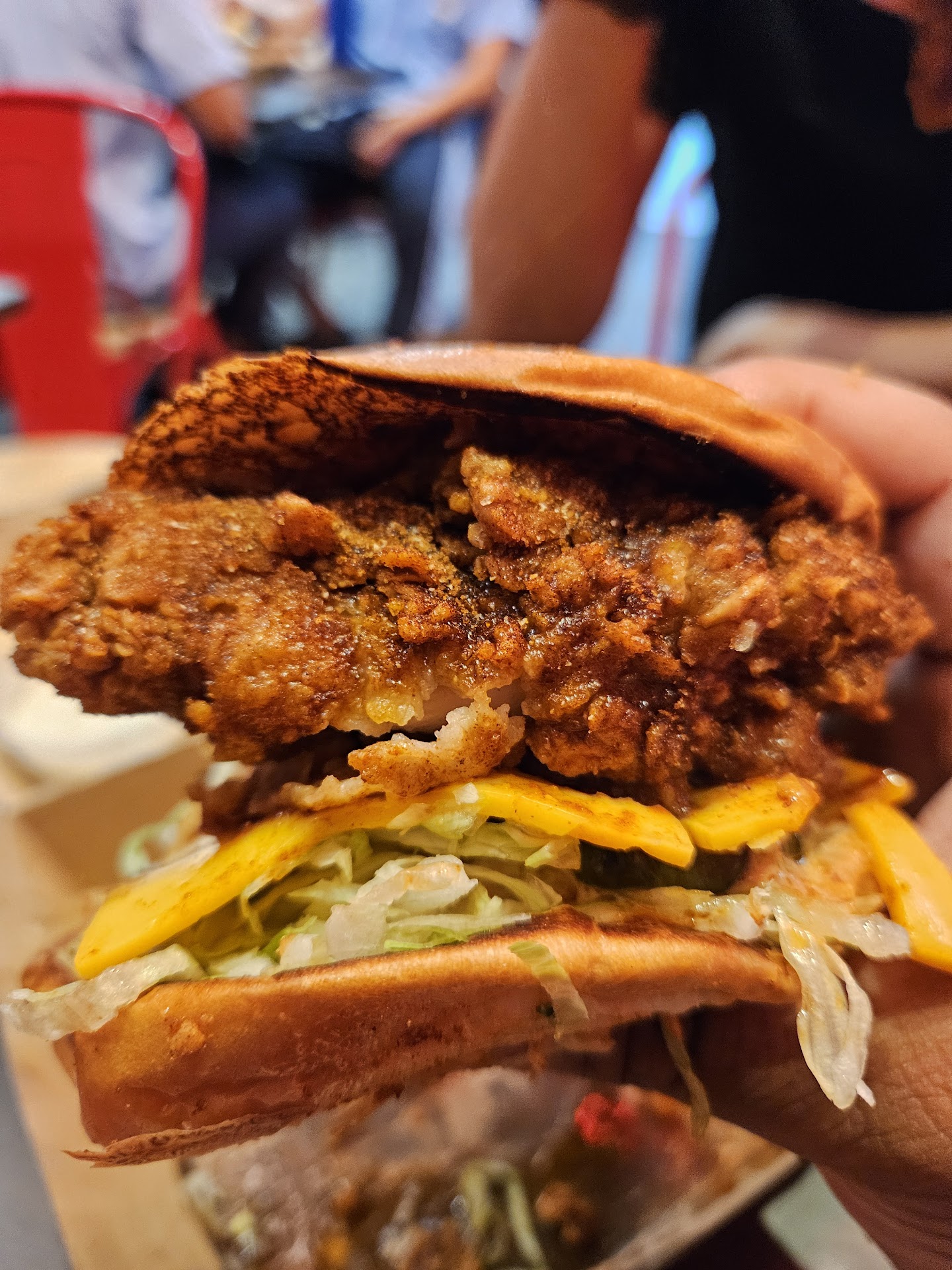 Fried Brothers chicken burger close-up