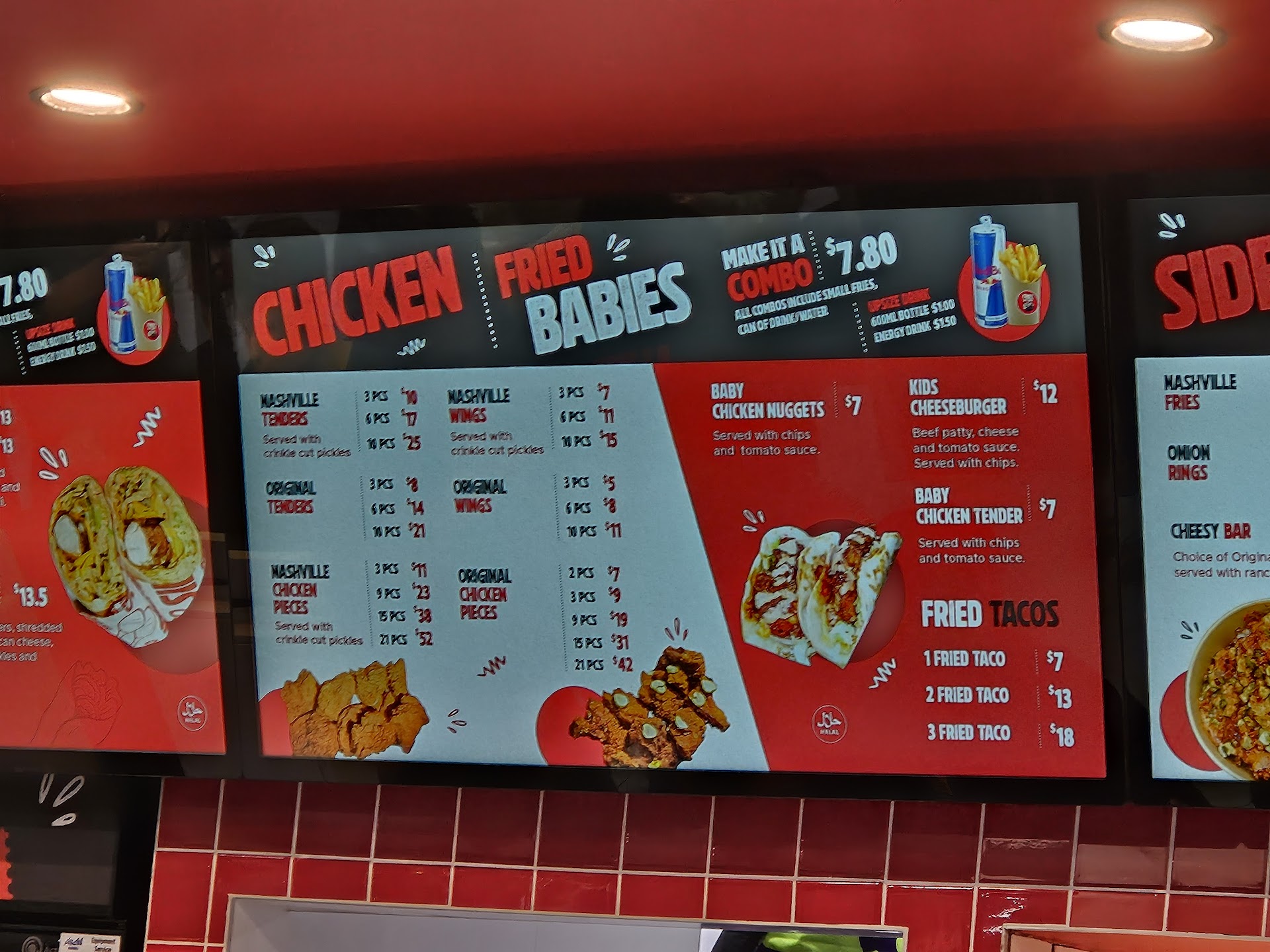 Fried Brothers menu board with chicken, sides, and loaded fries