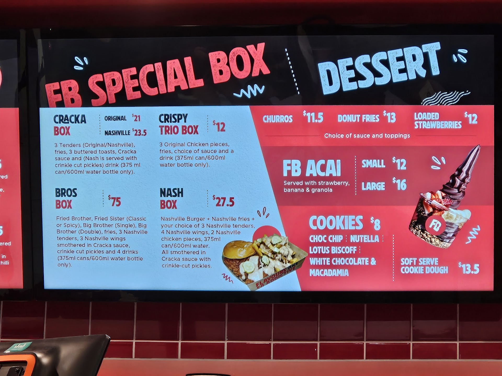 Fried Brothers special box and dessert menu board